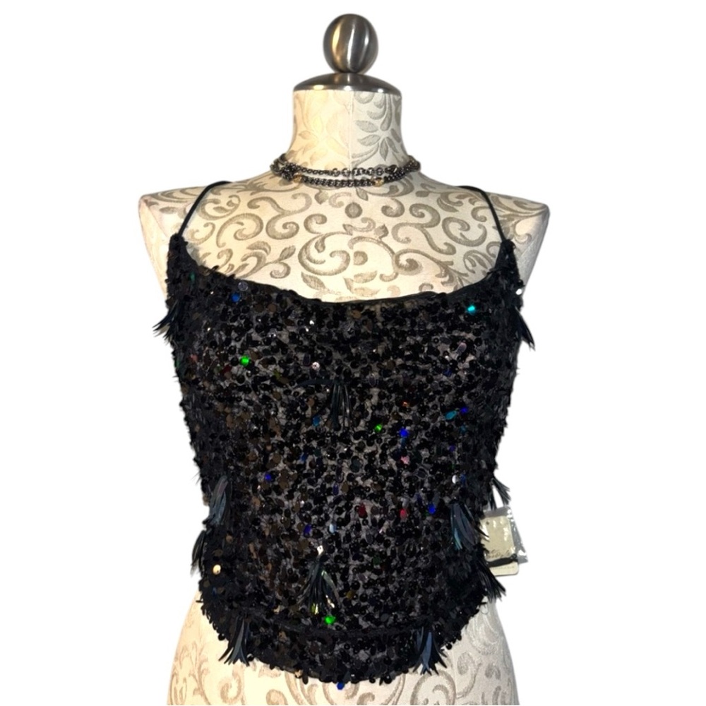 🆕 Free People Fun At Parties Top - Black Sequin Size Large.   #45